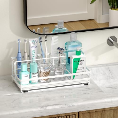 HapiRm Toothbrush Holders for Bathroom - 5 Partitions Bathroom Counter Organizer with Instant Drying Stone, Stainless Steel Countertop Storage Electric Toothbrush Toothpaste Holder - White(Large) - Image 7