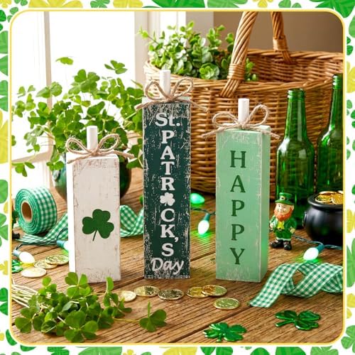 MiniInflat St. Patrick's 3 Pcs Table Decor, Wooden Block Sign Tiered Tray - Image 3
