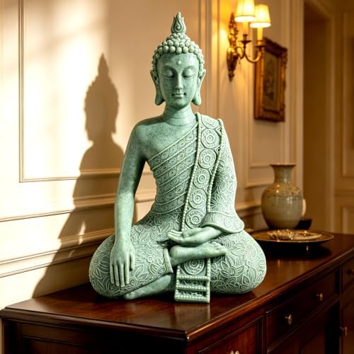 Resin Cyan Sitting Buddha, Buddhism Style Decor and Zen Shelf Aesthetic by Unknown