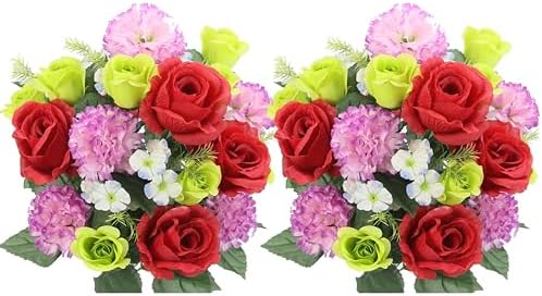 Admired by Nature 2 pcs 24 Stem Artificial Flowers Roses Carnation Mixed Bush Spring Faux Flower Indoor Wedding Home Decor, Cemetery Decorations for Grave, Red, Kiwi, Lavender by AdmiredbyNature