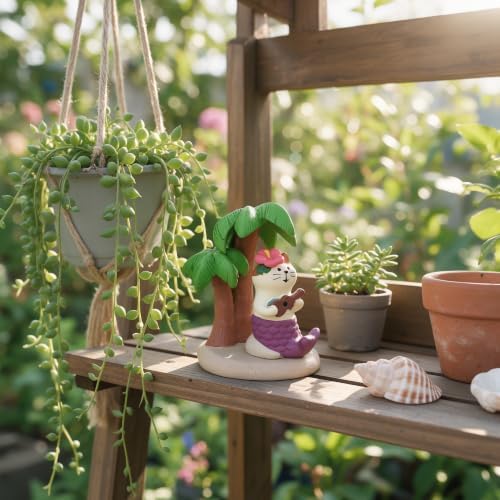 Mevodeata Mermaid Cat Figurine with Palm Tree, Mini Beach Statue - Image 6