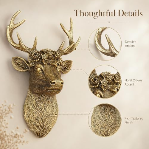 GUSFREUD Vintage Animal Head Wall Decor - 13" Resin Deer Head Wall Art For Home Decor, Gold Deer Wall Sculptures for Living Room, Bedroom, Kitchen, Unique Gift Idea - Image 5