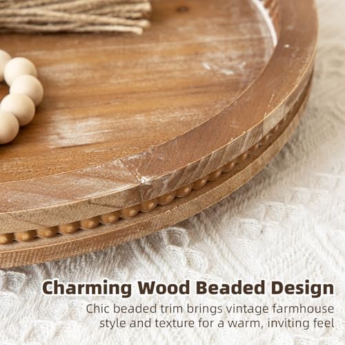 2 Piece Torched Wooden Serving Tray Set with Beaded Design, Farmhouse Centerpiece Table Decorations, Round Coffee Table Tray for Living Room Home Decor, Ottoman Tray Decor for Rustic Styles - Image 4