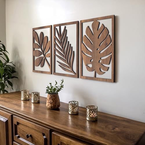 qmmp Modern Wooden Wall Sculptures - Set of 3 - Home Decor Accent - Large Wall Art for Living Room, Bedroom, Office - Easy Installation (Walnut, Medium - Tree Leaves) by qmmp