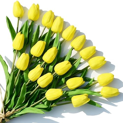 ONLY ART Artificial Yellow Tulips 20 Pcs – 13.5 Inch PU Faux Flowers with Bendable Stems for Home Décor, Wedding Centerpieces, DIY Floral Arrangements, New Year and Valentine's Day by ONLYART