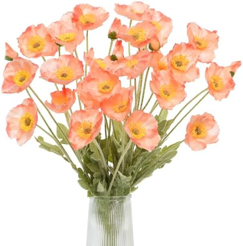 Artificial Poppies, Coralline Silk Poppies Artificial Flowers - 24x Blooming California Poppy Flower Artificial Plus 8X Buds for Home Decoration, COCO8 by Glamrce