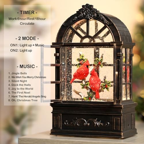 Cardinal Snow Globe Lantern Christmas Snow Globes Arched Window Shape Christmas Decorations Indoor for Home Timer Christmas Music Box, USB and Battery Powered - Image 4