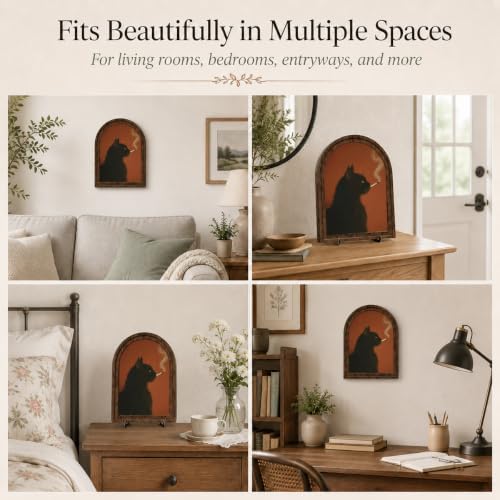 Vintage Black Cat Table Decor Arched Wooden Frame with Stand, Moody Gothic Animal Artwork for Desk Shelf Mantel, Unique Living Room Bedroom Home Decorations - Image 3