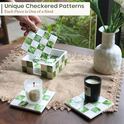 CHI AN HOME 4" Capiz Checkered Coasters Set 6 with Holder, Pistachio Green - Image 6