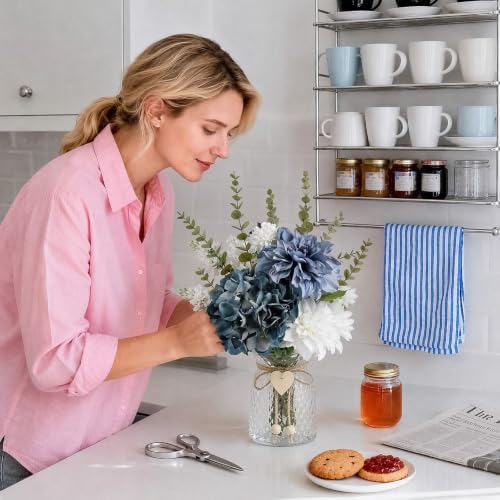 17.9" Blue Faux Flowers in Glass Vase Hydrangea Dahlias Bouquet Farmhouse - Image 4