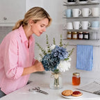 17.9" Blue Faux Flowers in Glass Vase Hydrangea Dahlias Bouquet Farmhouse - Image 4