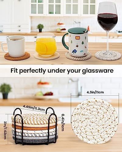 Effectyou 8 Pcs Drink Coasters with Holder, 8 Colors Absorbent Coasters for Drinks Minimalist Cup Coasters Cotton Coaster Set Woven Coasters for Coffee Table Home Decor Bar Housewarming Gift, 4.3 Inch - Image 2