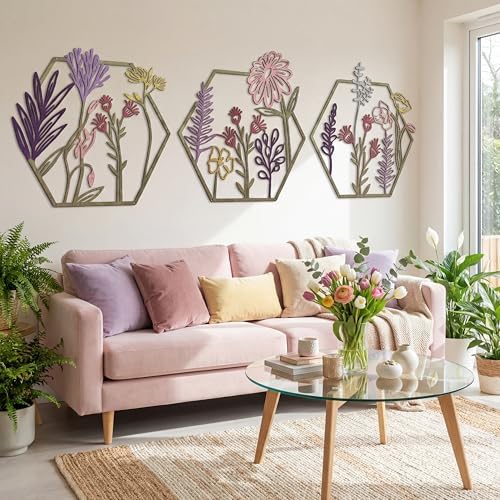 Peryiter 3Pcs Metal Flower Wall Decor Minimalist Floral Hanging, Colorful by Peryiter