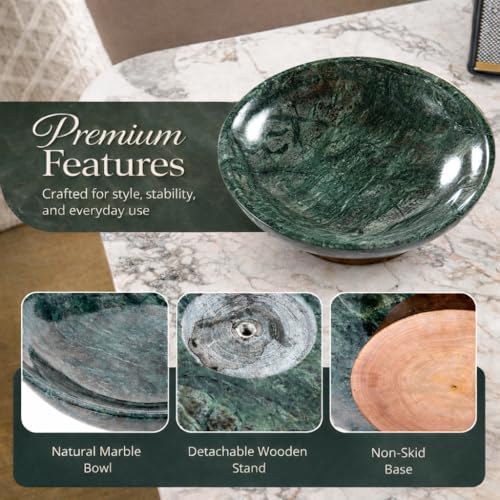 Decorative Marble Bowl Green - Removable Acacia Wood Pedestal - 10" - Image 6