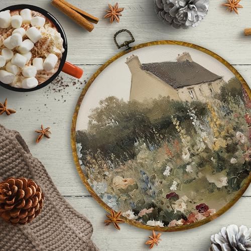 CUANFDDSF Vintage Cottagecore Farmhouse Round Wall Art, Rustic Countryside Garden Framed Hanging Wall Decor, Retro Country Landscape Canvas Prints Decorations for Home Bedroom Living Room, 10x10 Inch - Image 6