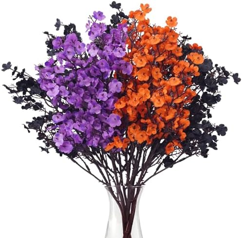 Uieke 6 Pcs Halloween Artificial Baby's Breath Flowers, Black & Purple & Orange Faux Gypsophila Flowers, Real Touch Silk Flowers for Cemetery Decor, Haunted House Party, Spooky Centerpieces by Uieke