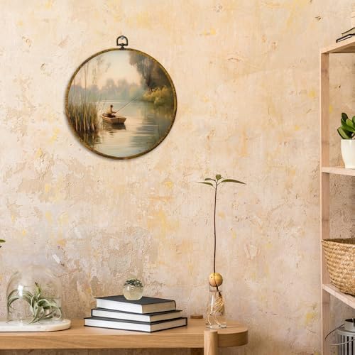 CUANFDDSF Vintage Fishing Round Wall Art, Fisherman In Rowboat Sunset Landscape Framed Hanging Wall Decor, Countryside Cottagecore Canvas Prints Decorations for Lake House Room, 10x10 Inch - Image 4