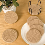 ABenkle 8 Pcs Drink Coasters with Holder, Jute Woven Absorbent Coasters for Drinks, Boho Minimalist Home Decor Coaster Set for Coffee Wooden Tabletop Protection Table, 4.3 inches - Image 6