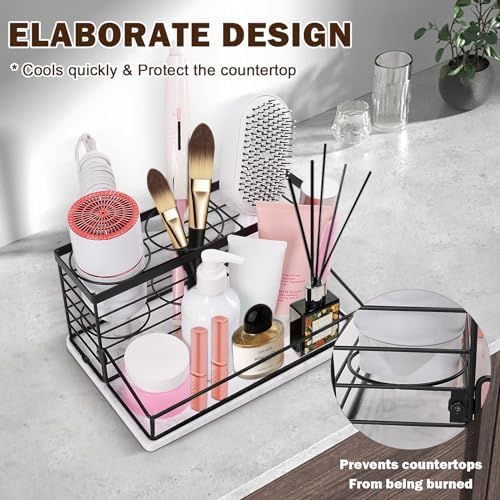 Hair Tool Organizer, Movable Hair Dryer Holder, Hair Styling Tools Storage for Vanity, Bath Counter Organizer, Bathroom Trays for Hair Toiletry, Makeup (12" x 7.7" x 5.8", Marble-Black) - Image 3