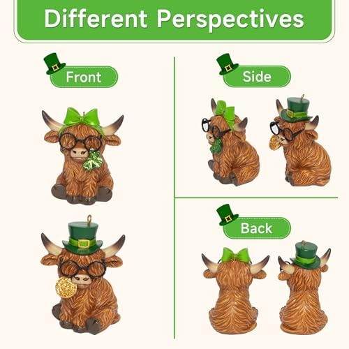 St Patricks Day Highland Cow Figurines Decor, Highland Cow Statue with Leprechaun's Gold Coins and Shamrock, St. Patrick's Day Gifts Resin Hanging Ornaments Statue for Party Home Table Decoration - Image 5