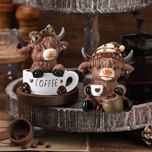 Wesiti 2 Pcs Highland Cow Figurines, Coffee Resin Statue Desk Decor - Image 2