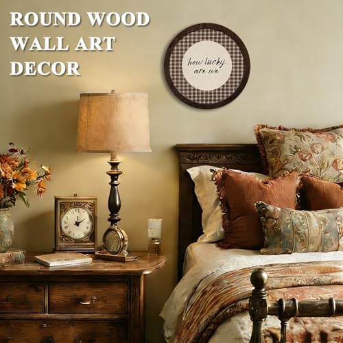 CFFJLHN How Lucky Are We Wall Art, Brown Gingham Motivational Wall Decor Inspirational Positive Affirmation Vintage Round Wooden Wall Art Decor for Bedroom Living Room Home Office, 10x10 Inch - Image 2