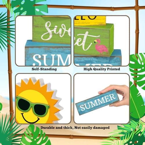 Yuntau 4 Pcs Summer Tiered Tray Decor Hello Sweet Summer Wood Block Signs - Image 5