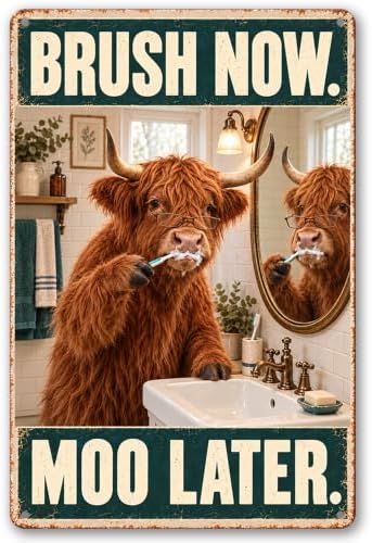 Brush Now Moo Later Highland Cow Tin Sign Rustic Bathroom Decor by Vintmark