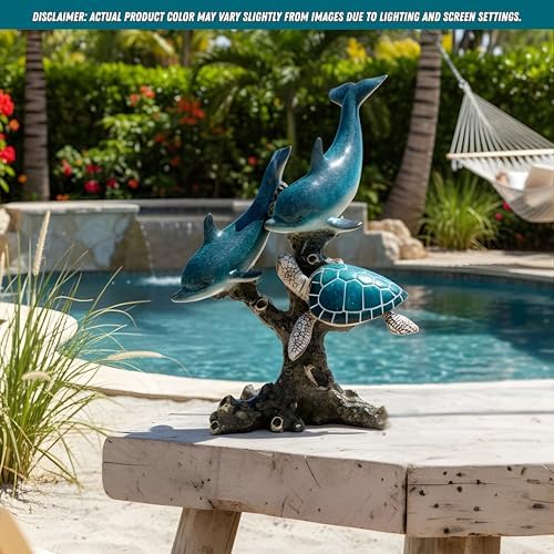 Dolphins and Sea Turtle Swimming on Coral Reef – Ocean Figurine Coastal Tabletop Decor | Sea Life Sculpture Beach House Nautical Room Accents (10.75 x 9.5 in) by Corner Merchant - Image 2