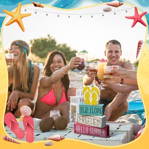 Yuntau 4 Pcs Summer Table Decorations Wood Block Sign Tiered Tray Decor - Image 5