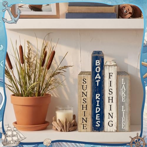 Lineshading 4 Pcs Summer Lake House Decor Stacked Wooden Book Block Signs - Image 6