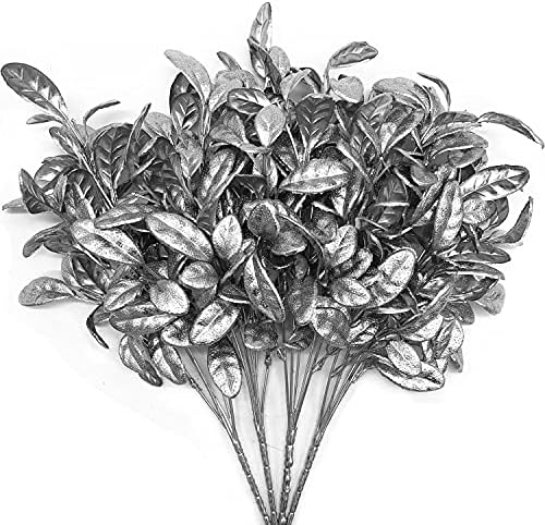 CATTREE Artificial Silver Leaves Christmas Plants 4 Pack, Plastic Leaf Bouquet Faux Gold Plant Fake Shrubs Simulation Bushes for Wedding Hall Table Centerpieces Floral Arrangement Filler DIY Décor by CATTREE