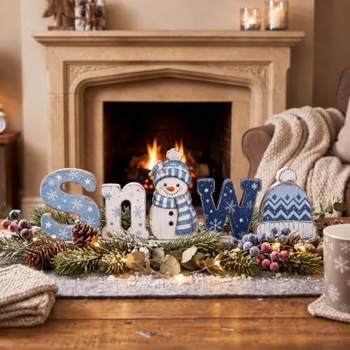 Threehoney 5 Pcs Winter Snow Wooden Table Decor, Snowman Design for Mantel - Image 5