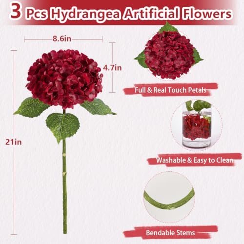 3 Pcs Real Touch Hydrangea Artificial Flowers, 21" Fake Flowers, Dark Red - Image 7