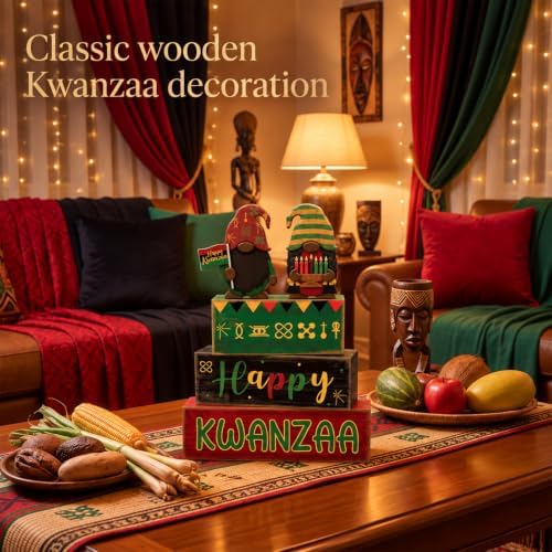 Yuntau 4 Pcs Happy Kwanzaa Books Table Decor Black Gnome Stacked Signs - Image 4