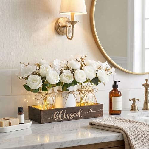 3 Pcs Mason Jar Table Centerpieces for Dining Room with Wood Tray&Led Light - Image 5