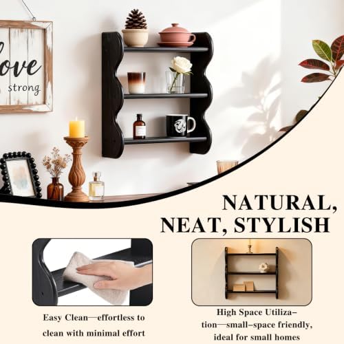 100% Solid Wood Floating Shelf, Vintage Wall Shelves Wall Mounted Storage Rack 3-Tier, Farmhouse Decor Hanging Shelf Display Shelves for Apartment, Living Room and Bedroom - Image 3
