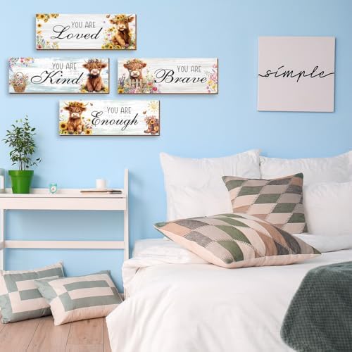 4 Pcs Highland Cow Wall Decor, Positive Affirmations Wall Art Decor, Inspirational Wooden Signs, Highland Cow Wall Art Hanging Plaques, Perfect for Girls Bedroom, Bathroom, Living Room - Image 4