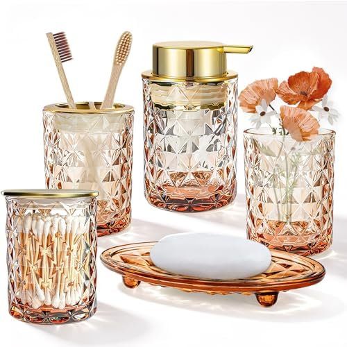 5 Piece Glass Bathroom Accessories Set, Brown & Gold Vanity Countertop Set by KINUUIS