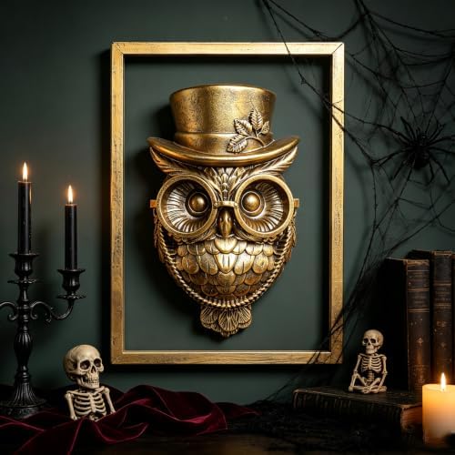 Newinhome Animal Heads Wall Decor (Includes Metal Frame) Halloween Resin Animals Sculptures Head Wall Hanging Decoration Gold vintage Wall Sculpture for Living Room Bedroom Office(Owl) - Image 3