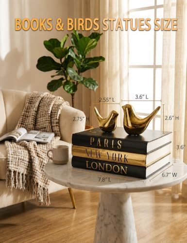 Decorative Books for Home Decor & Coffee Table Book Decor - Set of 3 Real Hardcover Decorative Books (Paris, London, New York) with Gold Ceramic Birds - Modern Shelf Decoration - Image 5