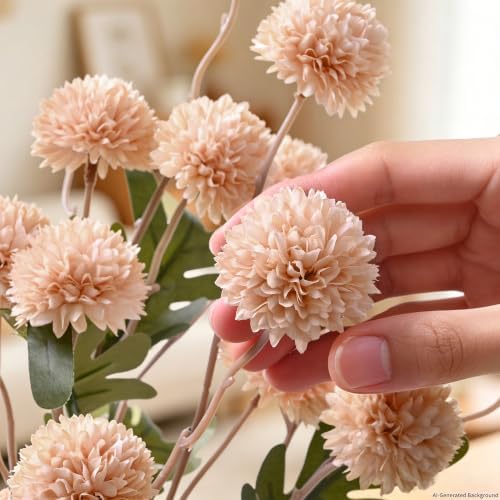 12Pcs Beige Faux Silk Mums Artificial Flowers Bulk with Eucalyptus Stems - Image 5