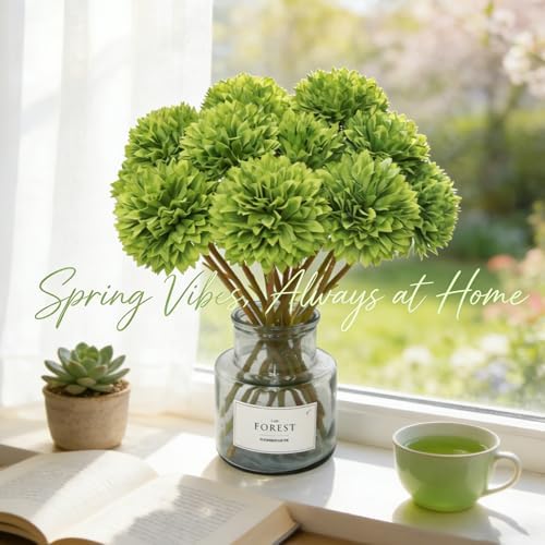Tinsow 12 pcs Artificial Flowers Green Faux Ball Chrysanthemum Bouquet Flowers Wedding Bouquet for Spring Home Garden Party Wedding Decoration St Patricks Day Table Centerpiece - Image 3