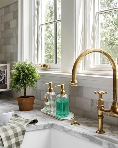 JASAI 18Oz Glass Soap Dispenser with Golden Pump for Kitchen,Refillable Liquid Hand soap Dispenser with Vertical Stripe, Clear Soap Dispenser Bathroom for Hand soap, Dish Soap, Lotion - Image 2