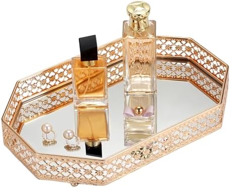 Hipiwe Gold Glass Perfume Tray for Dresser Bathroom Makeup Vanity Trays by Hipiwe