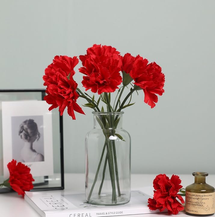 10Stem Red Fake Carnation Flowers Stem,Realistic Silk Petals Cake Top Decor - Image 3