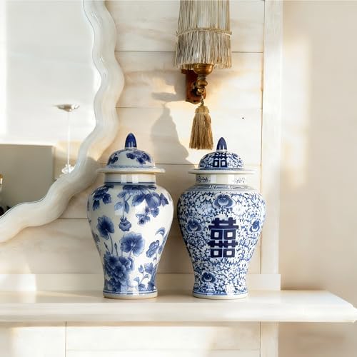 11″ Blue & White Ginger Jar with Lid Classic Peony Home Decor Aesthetic - Image 5
