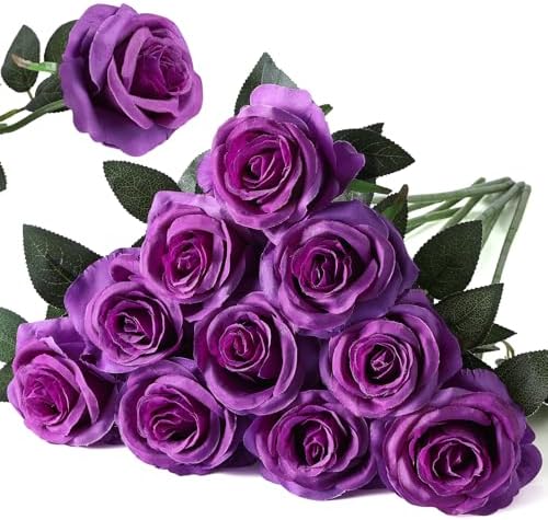 Nubry Artificial Silk Roses, 10Pcs Lifelike Fake Rose Bouquet, Purple Faux Flowers for Home Office Decor, Table Centerpiece, Wedding, Birthday Gift & Anniversary by Nubry