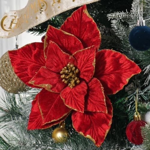10 Pcs 9.4" Velvet Poinsettia Picks Glitter Artificial Christmas Flower Stems for Xmas Tree Wreath Garland Winter New Year Home Decoration, Dark Red by YSZL