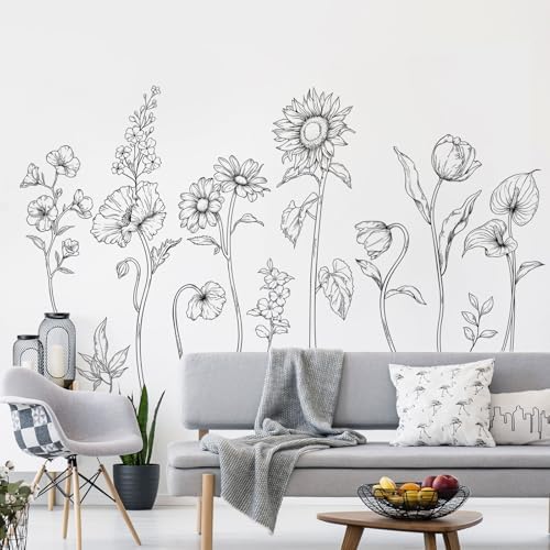 Large Black and White Flower Wall Decals, 3 Sheets Simple Modern Minimalist Sunflower Tulip Wall Stickers Floral Art Decor for Girls Bedroom Home Room Office Adult Gifts for Mom(11.8x35.4 in/Sheet) - Image 5